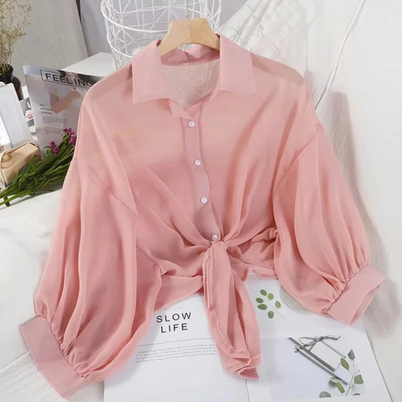 Women Summer Bat Half Sleeve Chiffon Shirt Casual Loose Button