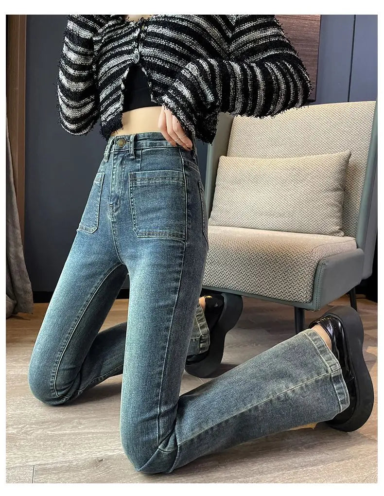 Loose Casual Womens High Waist Flared Denim Pants